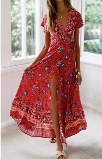 Boho Red Floral Wrap Maxi Dress Now in Stock