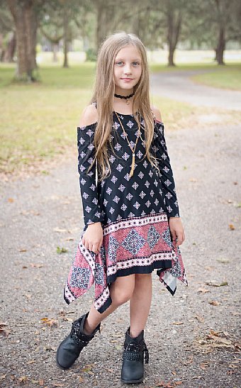 Tween Boho Beauty Cold Shoulder Dress w/ Necklace Now in Stock