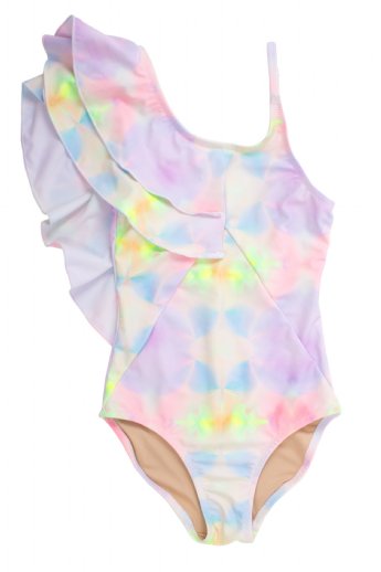 Girls Tie Dye Ruffled Shoulder One Piece Swimsuit 3 to 14 Years