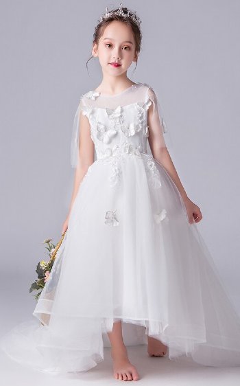 Girls White Butterfly Trailing Gown Preorder 2 to 14 Years
